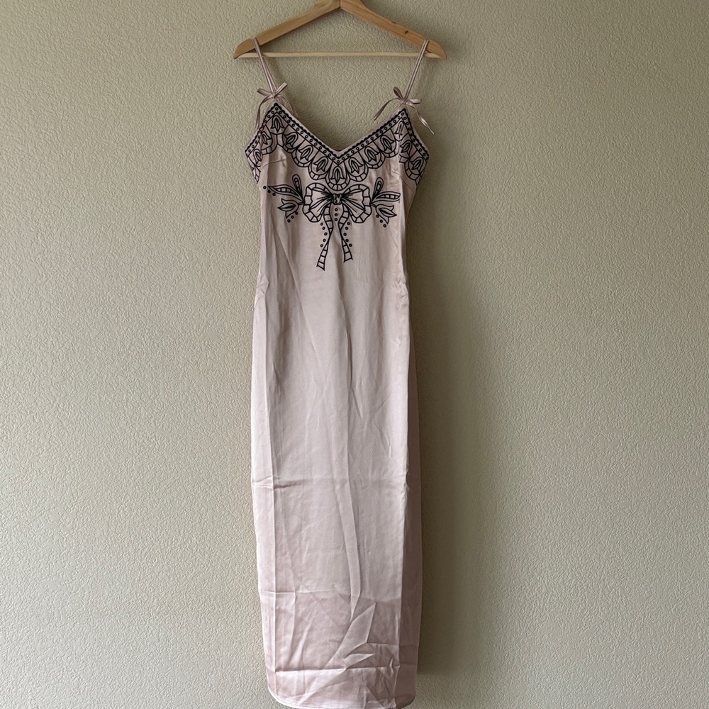 Mable Delicate Blush Slip Dress with Embroidered Bow Detail. NWT